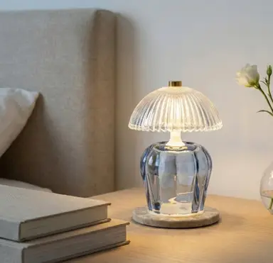 Candlelight Table Lamp Vintage Ridged Glass Shade LED Blue H:14.6cm