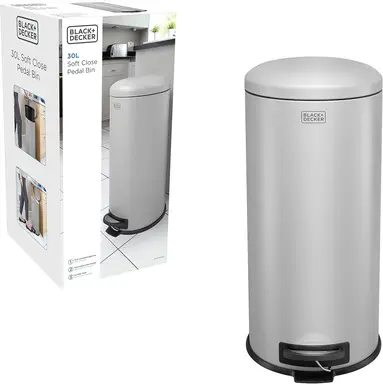 BLACK+ DECKER 30L Dome Lid Pedal Bin - Grey