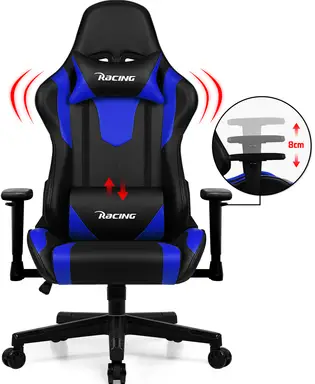 Homimaster Gamingstoel, Ergonomische Bureaustoel met Verstelbare Lendenkussens, Hoofdkussens en Armleuningen, Gestoffeerde Gamingstoel, Gamerstoel met Schommelfunctie, Gamingstoel met een Draagvermogen van 150 kg,Blauw