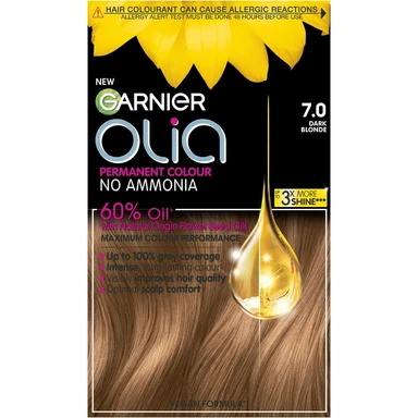 Garnier Olia 7.0 Dark Blonde No Ammonia Permanent Hair Dye 1 color crème, 1 developer, 1 conditioner, 2 gloves