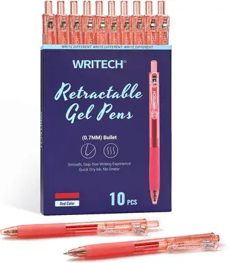 WRITECH Uittrekbaar Gel-inkt Pennen: 0,7 mm Medium Point Rood-Inkt Kleur Pen voor Dagboek Schrijven Glad Schrijven Fijne Tip Snel Drogende Inkt Geen Doorbloeding Set 10 stuks