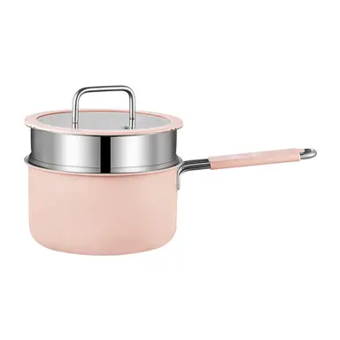 PURECOOK Colored Ceramic-Coated 316 Stainless Steel 2-Piece Milk Pot with Steamer Insert Series | 316 Milk Pot (Exterior: pink Ceramic Coating, Interior: 316 Stainless Steel), Stainless Steel Handle Wrapped in Silicone, Earless Steamer Insert, with Silicone Glass Lid