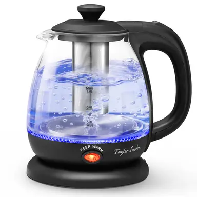 Taylor Swoden Elektrischer Wasserkocher Glas & Kunststoff 2200W 1,0L, mit isoliertem Teefilter Schwarz VDE