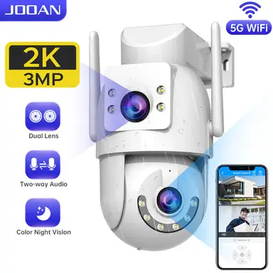 JOOAN Caméra de surveillance filaire extérieure HD 2K double zoom double Wi‑Fi 5 GHz et 2,4 GHz PTZ avec rotation et audio bidirectionnel, suivi automatique et vision nocturne en couleur