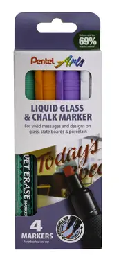 Pentel Semi-Permanent Wet-Erase Liquid Glass & Chalkboard Marker Assorted Colours Green, Orange, Violet & White, Pack of 4