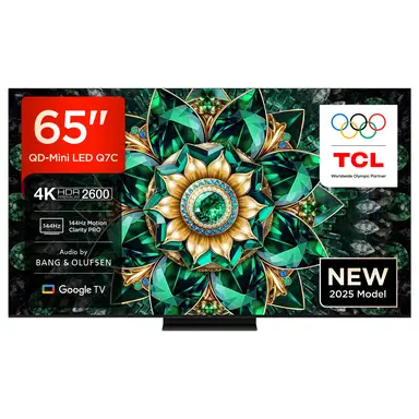 TCL 65Q7C QLED Mini LED TV, 65 Inch, 4K HDR Premium, Dolby Vision IQ & Atmos, Smart TV with Google TV, Bang & Olufsen 6.2.2 Sound, 144Hz VRR, AMD FreeSync Premium Pro, HDMI 2.1, AirPlay 2, Alexa, IMAX Enhanced