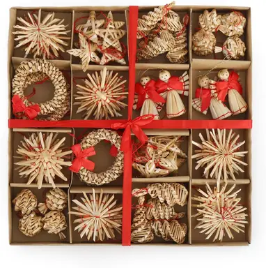 SALCAR Lot de 56 décorations de Sapin de Noël en Paille - Pendentif en Paille Naturelle pour décoration de Noël - Bijoux naturels Faits à la Main pour Arbres de Noël