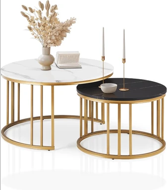 CLIPOP Set of 2 Nesting Coffee Table for Living Room, Modern Stackable Round Side Table with Golden Metal Frame Marble Effect Tabletop, Sofa Table for Small Space, White Black 80 x 80 x 45cm