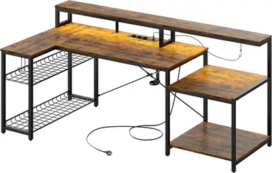 Bestier Gaming-Tisch, 181 x 80 cm Schreibtisch mit LED-Beleuchtung, L-förmige Schreibtische mit 3 AC-Steckdosen und 2 USB-Ladeanschlüssen, Computertisch mit großzügigem Monitorregal, Braun