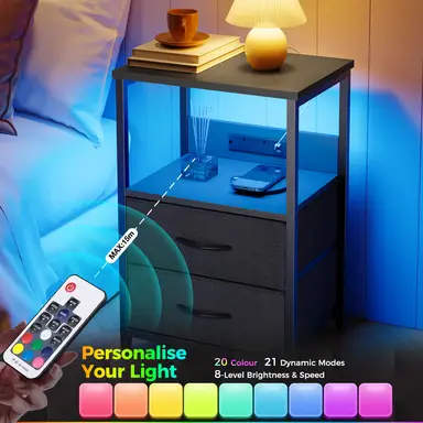 Seventable LED Bedside Table with Charging Station & 2 Storage Drawers - Small Nightstand with Double Plug Adaptor & 2 USB - Slim Bedside Cabinet for Bedroom Living Room Sofa Couch