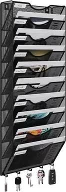 Senhoglb 10 Tier A4 Mesh Wall Pocket File Holder with 5 Hooks，Black, New Year Sale , Top gift picks