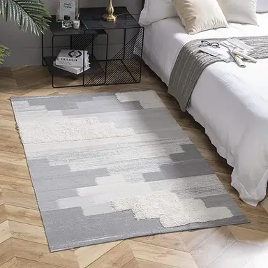 Ashler Baumwoll-Teppich Boho-Teppiche gewebt mit Fransen für drinnen und draußen, schmutziger, gehäkelter, maschinenwaschbarer Bodenbelag, Landhaus-Teppich für Wohnzimmer, Schlafzimmer, Küche Dekoration 940850573 Grau