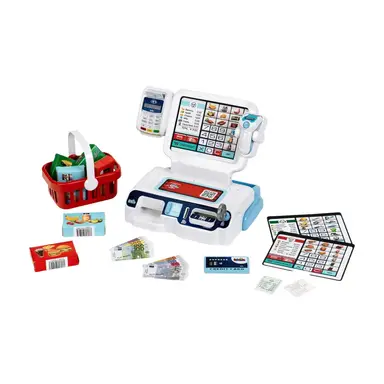 Theo Klein 7265 Self-Checkout Counter | Scanner with Light & Sound | Display for 3 Themes | Shopping Basket, Play Money, and More | Toy for Children from 3 Years