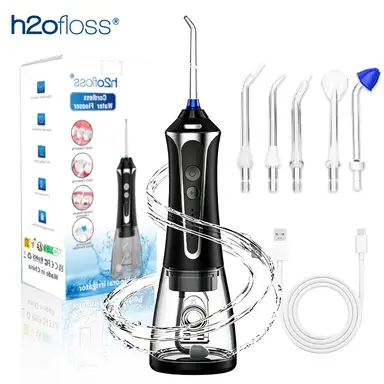 H2ofloss HF-2 electric toothbrush with 5 modes, 5 nozzles, USB rechargeable, IPX7 waterproof, 300ml water tank, black