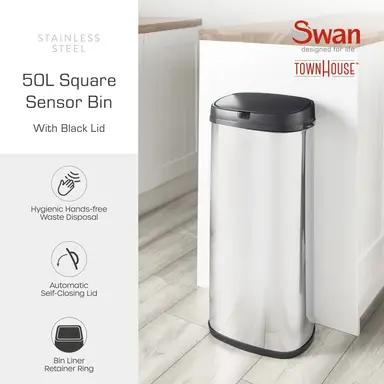 Swan 50L Square Sensor Bin with Black