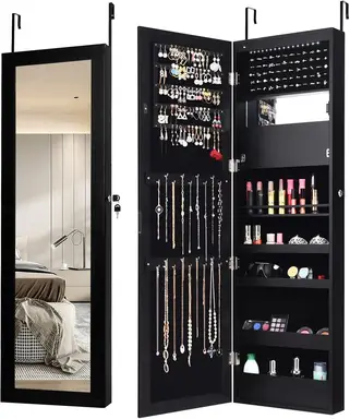 Costway 120cm Full Length Lockable Mirror Jewelry Cabinet with 15 LEDs-Black