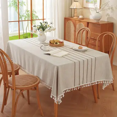 Rectangle Table Cloth, Cotton Linen Tablecloth Wrinkle Free Farmhouse Dining Table Cover, Soft Fabric Table Cloth with Tassels,, 55" X 90", 4-8 Seats