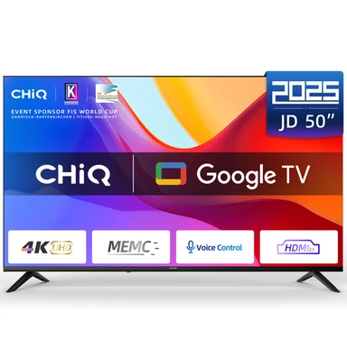 CHiQ U50JD 50 Inch (127 cm) 4K Ultra HD Smart TV, Google TV, HDR10, MEMC & ALLM, Bluetooth 5.1, 5000:1 Contrast, Dolby Audio, Metaal Randloos Design
