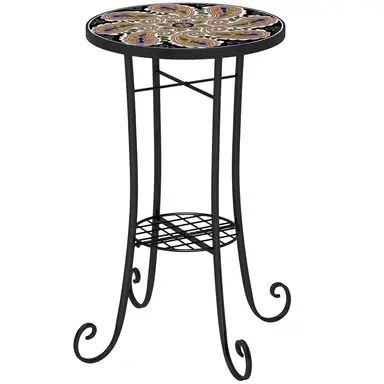 Outsunny Mosaic Garden Table, 35.5 cm Round Outdoor Table with Shelf, Ceramic Tile Top, Small Garden Side Table Bistro Table End Table Plant Stand for Indoor, Patio, Balcony, Orange