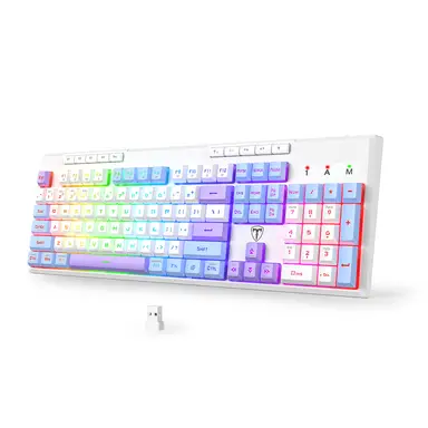 ET 100% Tri-Mode-Gaming-Tastatur, US-QWERTY-Layout, RGB-Beleuchtung (Hintergrundbeleuchtung), anpassbare Makrotasten, 26 Anti-Ghosting-Tasten, 4000-mAh-Akku, cremefarbene Computer-Tastaturen
