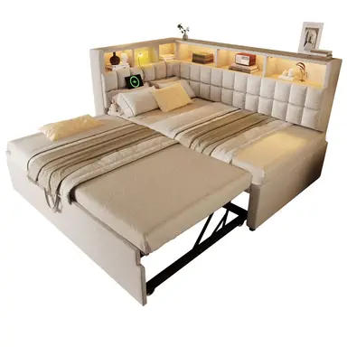 Linnen gestoffeerd bed 90x200 met uitklapbaar bed 90x190, LED, Bluetooth-luidspreker, USB & Type-C oplaadpoort, L-hoofdbord m
