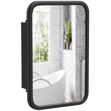 HOMCOM Wall-Mounted Bathroom Mirror Cabinet, Metal Medicine Cabinet with Tempered Mirror, 3 Storage Shelves, 180° Opening Door for Bathroom or Hallway, Black