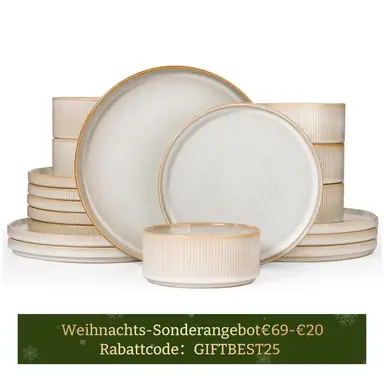 [Rabattcode: GIFTBEST25 €69-€20]  Richmount Starlight Serie Geschirr-Set - 18-teilig für 6 Personen， Keramik， mit Teller， Vorspeisenteller und Müslischalen， spülmaschinen- und mikrowellensicher， Cappuccino-Weiß