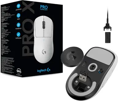 Logitech G PRO X SUPER LIGHT kabellose Gaming-Maus mit HERO 25K-Sensor, ultraleicht mit 63g, 5 programmierbare Tasten, bis zu 70 Stunden Akkulaufzeit, incl. PTFE-Füße ohne Zusatzstoffe, PC / Mac, Weiß