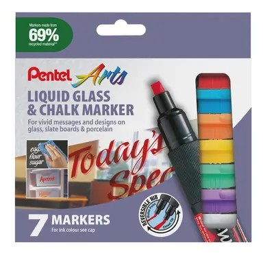 Pentel Semi-Permanent Wet-Erase Liquid Glass & Chalkboard Marker Assorted Colours Pack of 7