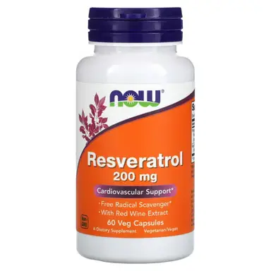 NOW Foods Resveratrol + Red Wine Extract Antioxidant 200mg Daily Wellness Support Capsules - 60 Vegan Capsules