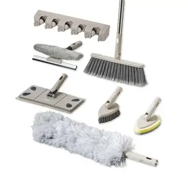 TOWER Cavaletto 8 Piece Cleaning & Storage Set with Scrubbing Tool &Wall Holder， Latte