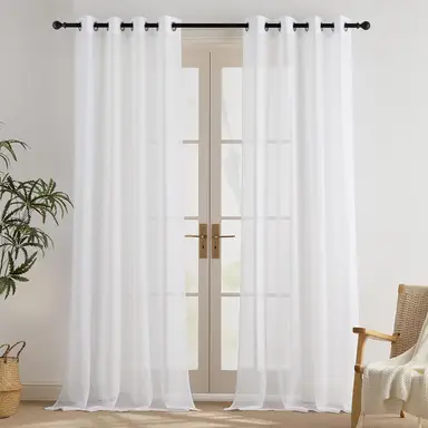 PONY DANCE Sheer Linen Look Curtains with Eyelet, 2 Panels W140 x L245cm (W55 x L96inch), White