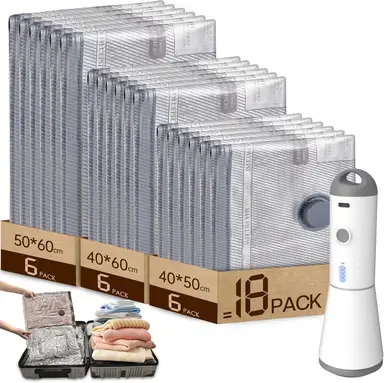 HOMOH Vacuum Bags for Clothes with Wireless Vacuum Pump, Pack of 18 (6x 40x50cm, 6x 40x60cm, 6x 50x60cm), Reusable Vacuum Bags for Travel, Duvets, Moving, Bed Linen