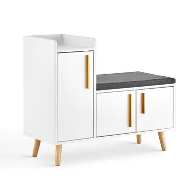 CLIPOP Shoe Cabinet with Seat Cushion, Shoe Storage Bench for hallway, Adjustable Compartment and Wooden Legs, 80 * 35 * 70 cm, White