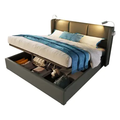 Tweepersoonsbed 140x200cm/160x200cm – Bed met opbergruimte – Boekverlichting met USB – Beige/Grijs 160x200 cm Grijs
