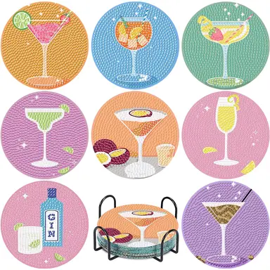 JU7CER 8-Piece Diamond Painting Coaster Set with Stand - DIY Cocktail Life Full Round Drill | Adult Beginner Craft 4×4 Inches (10×10cm)