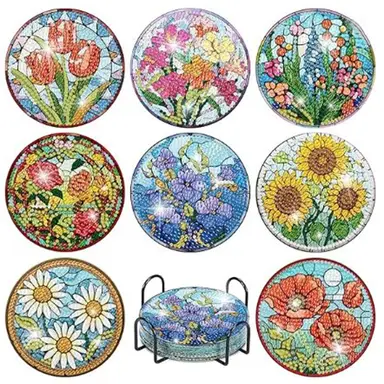 JU7CER 8-teiliges 5D Full Drill Diamond Painting Untersetzer-Set - Blumen-Diamantkunst | DIY Edelstein-Bastelgeschenk 4×4 Zoll (10×10 cm)