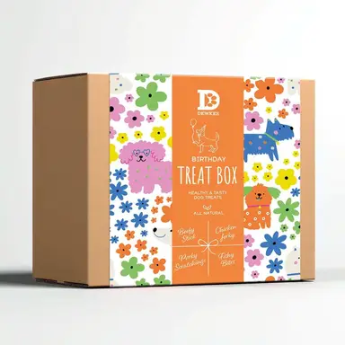 Dewkes Snacks for Dogs - Birthday Treat Box (1 x Beefy Stick, 1 x Chicken Jerky, 1 x Porky Scratchings, 1 x Fishy Bites) - 4 x 300g