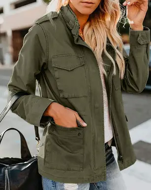 Women Military Anorak Jackets Zip Up Snap Buttons Parka Safari Utility Coats Outwear with Pocket (militarygreen, M)