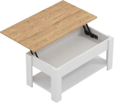 Galano Brixburn Lift Up Coffee Table with Hidden Storage & Shelf, Modern 2-Tier Space Saving Living Room Centre Table, Engineered Wood, White Oak Finish, 89.5 x 49.5 x 40 cm