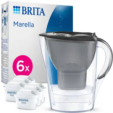 BRITA Water Filter Jug Marella Graphite (2.4L) Incl. 6x Maxtra Pro Pure Performance Filter Cartridge