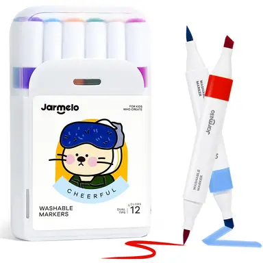 Jar Melo12 Colors Washable Dual Tip Markers (Chisel and Brush Tip)