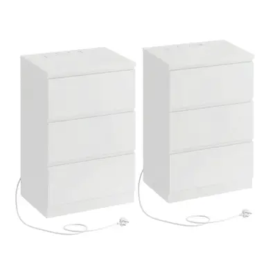 SONGMICSHOME Set of 2 Nightstands with Charging Station, Bedside Tables, Side End Tables with 3 Drawers, for Bedroom, White