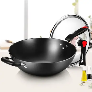 COOKER KING Poêle wok en acier carbone avec couvercle en verre - 30 cm