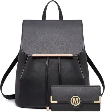 Miss Lulu Women's PU Leather Waterproof Fashion Backpack with Long Purse, Medium Black for School Work Travel