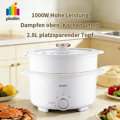 Plodon 1000 W, 2,8 L, multifunktionaler elektrischer Topf mit Antihaftbeschichtung und Dampfgarer, elektrischer Reisekocher für unterwegs, Fondue, mit doppelter Leistungsregelung für Ramen-Nudeln/Pasta/Eier/Suppe/Haferflocken