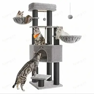 FEANDREA 206cm Kratzbaum 13 Kratzpfosten 2 Plattformen 2 Höhlen Korb Hängematte Pompons Rauchgrau