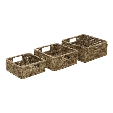 JVL Hand Woven Seagrass Square Storage Baskets with Inset Handles – Set of 3