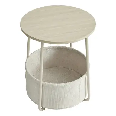 JOYFURNOS Bijzettafel, Ronde Bijzettafel met Stoffen Mand, voor Woonkamer Slaapkamer, Nachtkastje, Moderne Stijl, Beige
