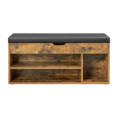 Ochama x SONGMICS Storage Bench with Cushion, Shoe Bench with Padded Seat, Entryway Bench with 3 Compartments, Hidden Storage, Shelves, Brown and Black